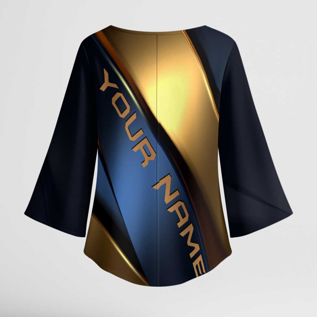 Angry Bowling Ball and Pins Kimono Sleeve Blouse with Blue and Gold Metallic Stripe Graphic Design - Wonder Print Shop