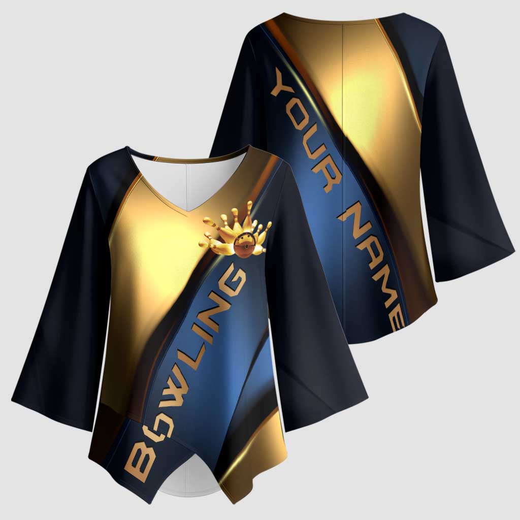 Angry Bowling Ball and Pins Kimono Sleeve Blouse with Blue and Gold Metallic Stripe Graphic Design - Wonder Print Shop