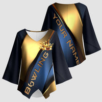 Angry Bowling Ball and Pins Kimono Sleeve Blouse with Blue and Gold Metallic Stripe Graphic Design - Wonder Print Shop