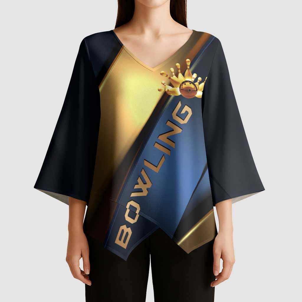 Angry Bowling Ball and Pins Kimono Sleeve Blouse with Blue and Gold Metallic Stripe Graphic Design - Wonder Print Shop