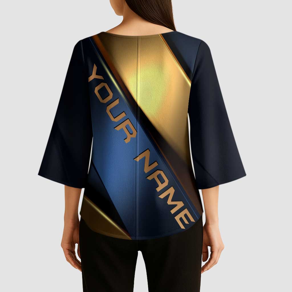Angry Bowling Ball and Pins Kimono Sleeve Blouse with Blue and Gold Metallic Stripe Graphic Design - Wonder Print Shop