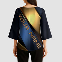 Angry Bowling Ball and Pins Kimono Sleeve Blouse with Blue and Gold Metallic Stripe Graphic Design - Wonder Print Shop