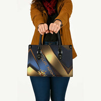 Angry Bowling Ball and Pins Leather Bag with Blue and Gold Metallic Stripe Graphic Design - Wonder Print Shop