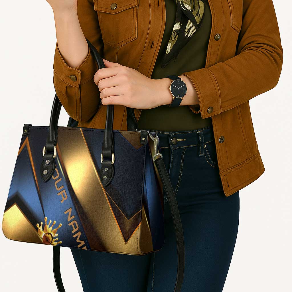 Angry Bowling Ball and Pins Leather Bag with Blue and Gold Metallic Stripe Graphic Design - Wonder Print Shop