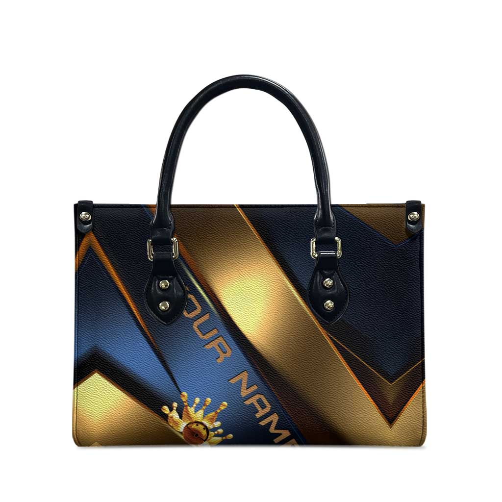 Angry Bowling Ball and Pins Leather Bag with Blue and Gold Metallic Stripe Graphic Design - Wonder Print Shop
