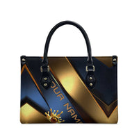 Angry Bowling Ball and Pins Leather Bag with Blue and Gold Metallic Stripe Graphic Design - Wonder Print Shop