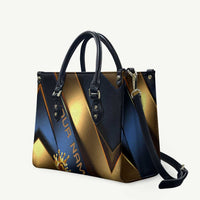 Angry Bowling Ball and Pins Leather Bag with Blue and Gold Metallic Stripe Graphic Design - Wonder Print Shop