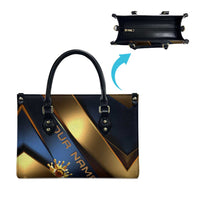 Angry Bowling Ball and Pins Leather Bag with Blue and Gold Metallic Stripe Graphic Design - Wonder Print Shop