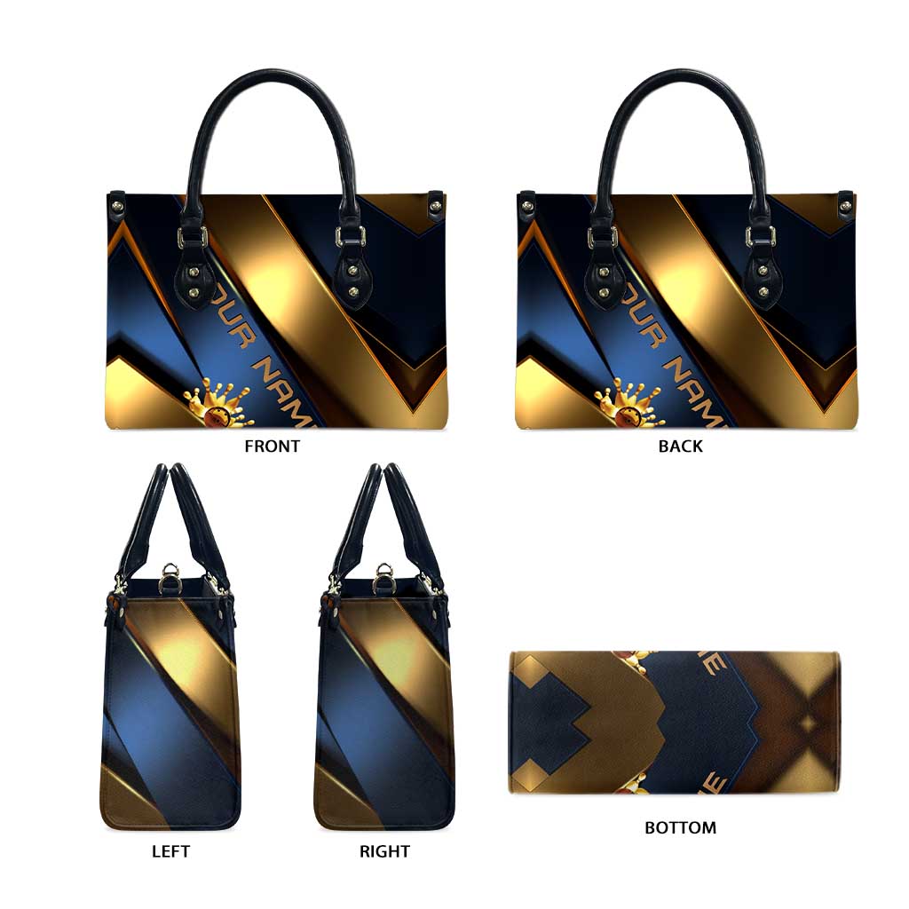 Angry Bowling Ball and Pins Leather Bag with Blue and Gold Metallic Stripe Graphic Design - Wonder Print Shop