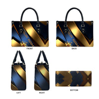 Angry Bowling Ball and Pins Leather Bag with Blue and Gold Metallic Stripe Graphic Design - Wonder Print Shop