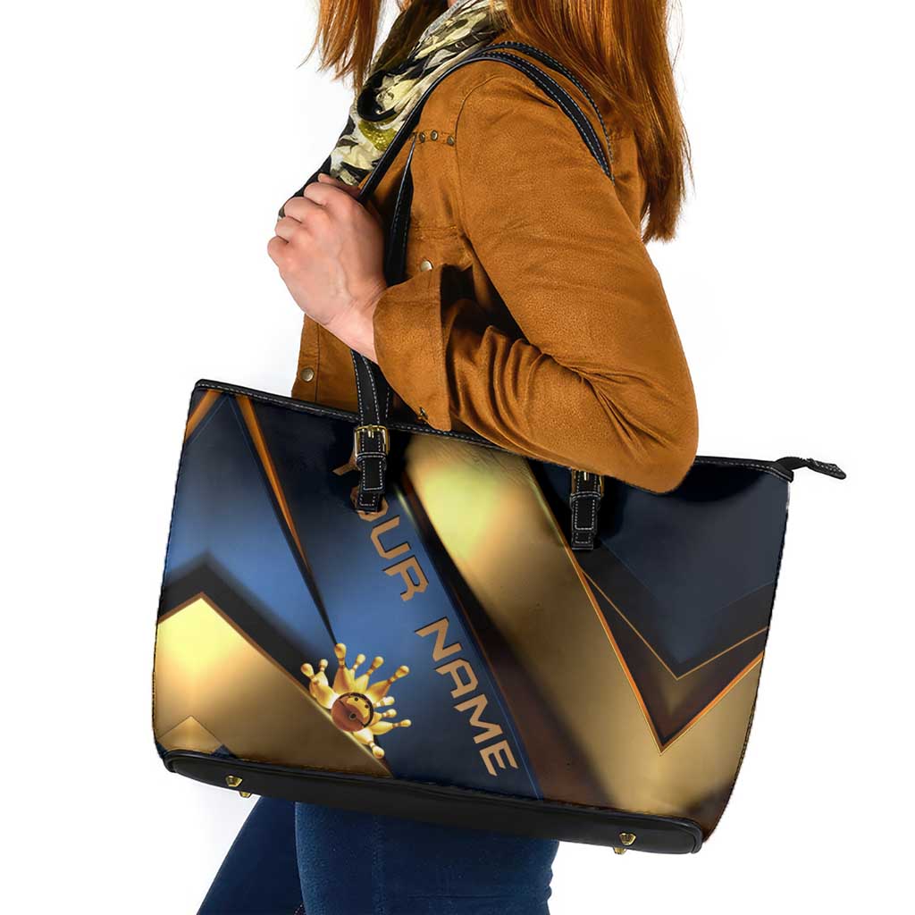 Angry Bowling Ball and Pins Leather Tote Bag with Blue and Gold Metallic Stripe Graphic Design - Wonder Print Shop