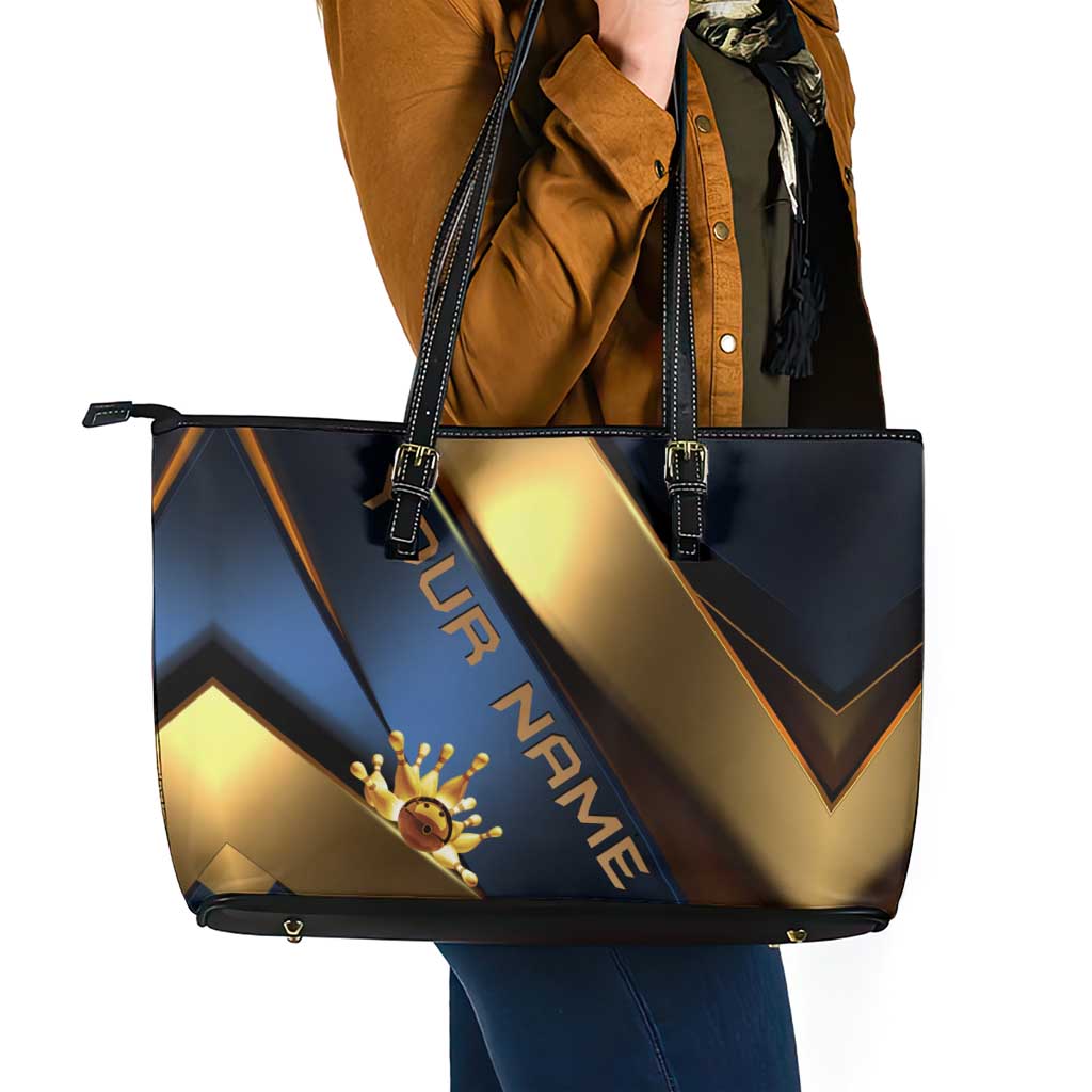 Angry Bowling Ball and Pins Leather Tote Bag with Blue and Gold Metallic Stripe Graphic Design - Wonder Print Shop