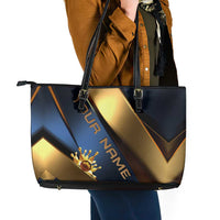 Angry Bowling Ball and Pins Leather Tote Bag with Blue and Gold Metallic Stripe Graphic Design - Wonder Print Shop