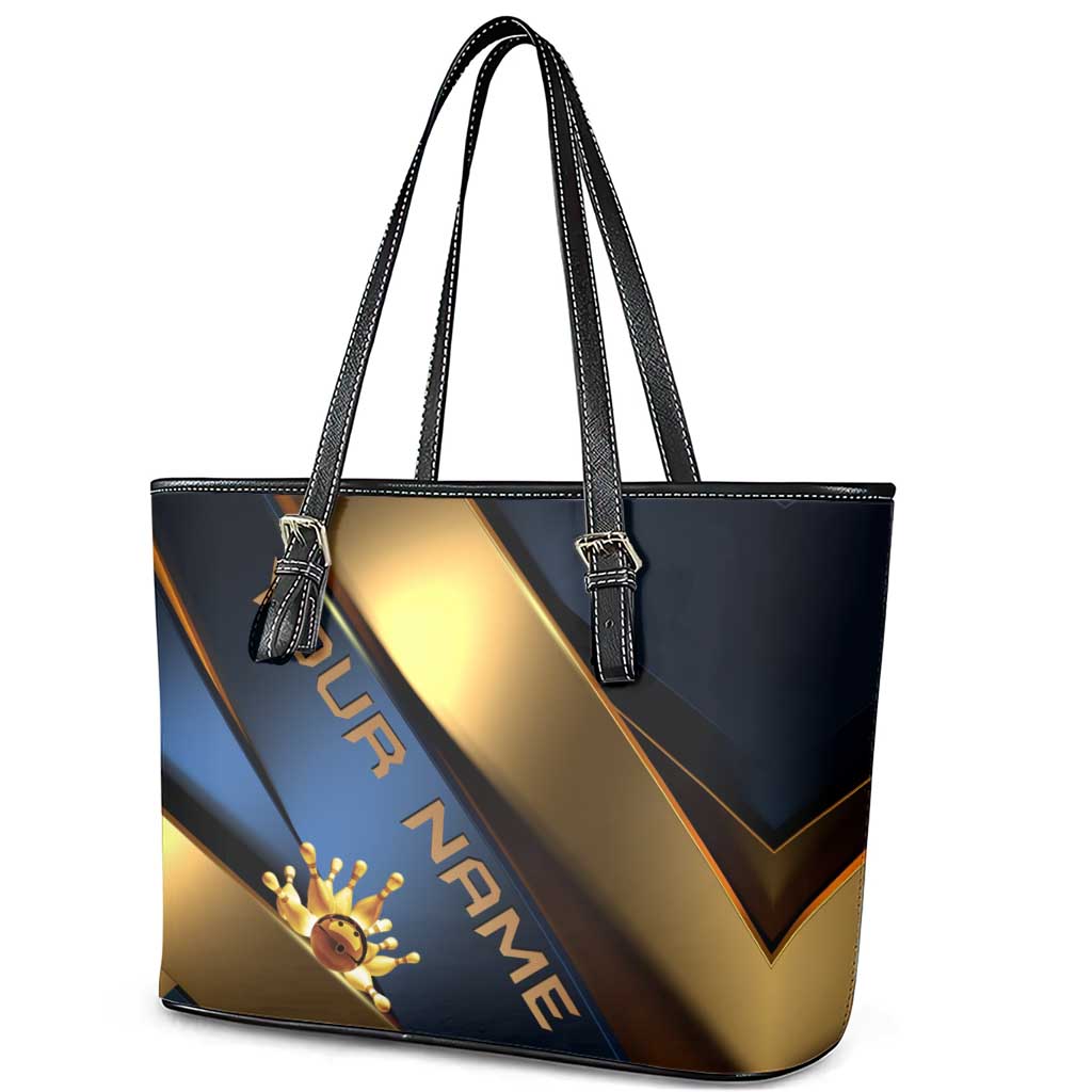 Angry Bowling Ball and Pins Leather Tote Bag with Blue and Gold Metallic Stripe Graphic Design - Wonder Print Shop