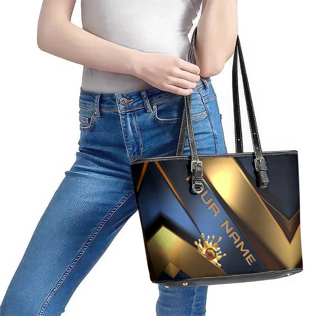 Angry Bowling Ball and Pins Leather Tote Bag with Blue and Gold Metallic Stripe Graphic Design - Wonder Print Shop