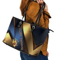 Angry Bowling Ball and Pins Leather Tote Bag with Blue and Gold Metallic Stripe Graphic Design - Wonder Print Shop