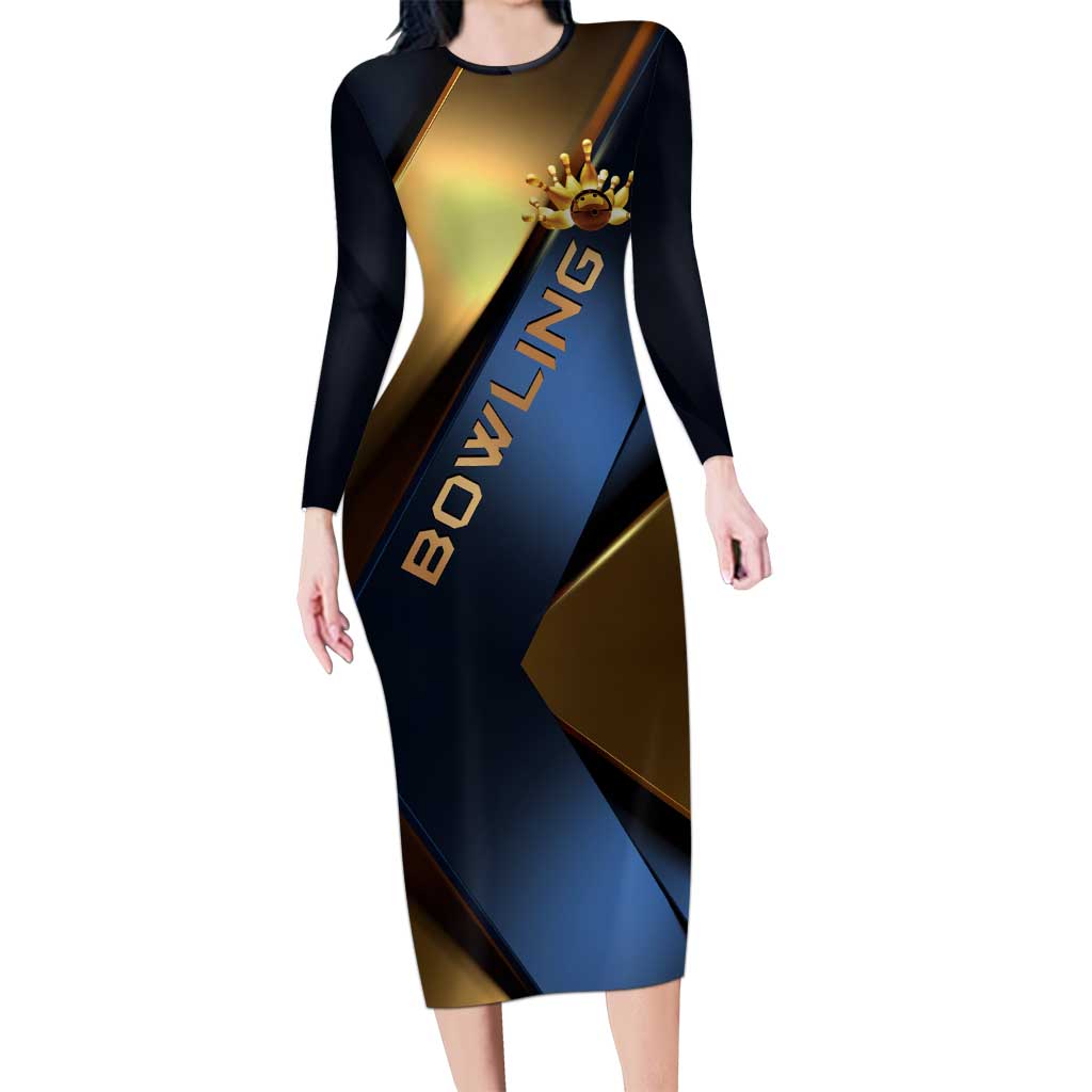 Angry Bowling Ball and Pins Long Sleeve Bodycon Dress with Blue and Gold Metallic Stripe Graphic Design - Wonder Print Shop