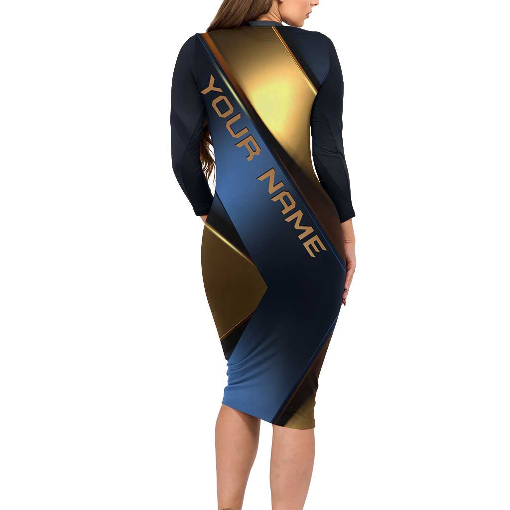 Angry Bowling Ball and Pins Long Sleeve Bodycon Dress with Blue and Gold Metallic Stripe Graphic Design - Wonder Print Shop