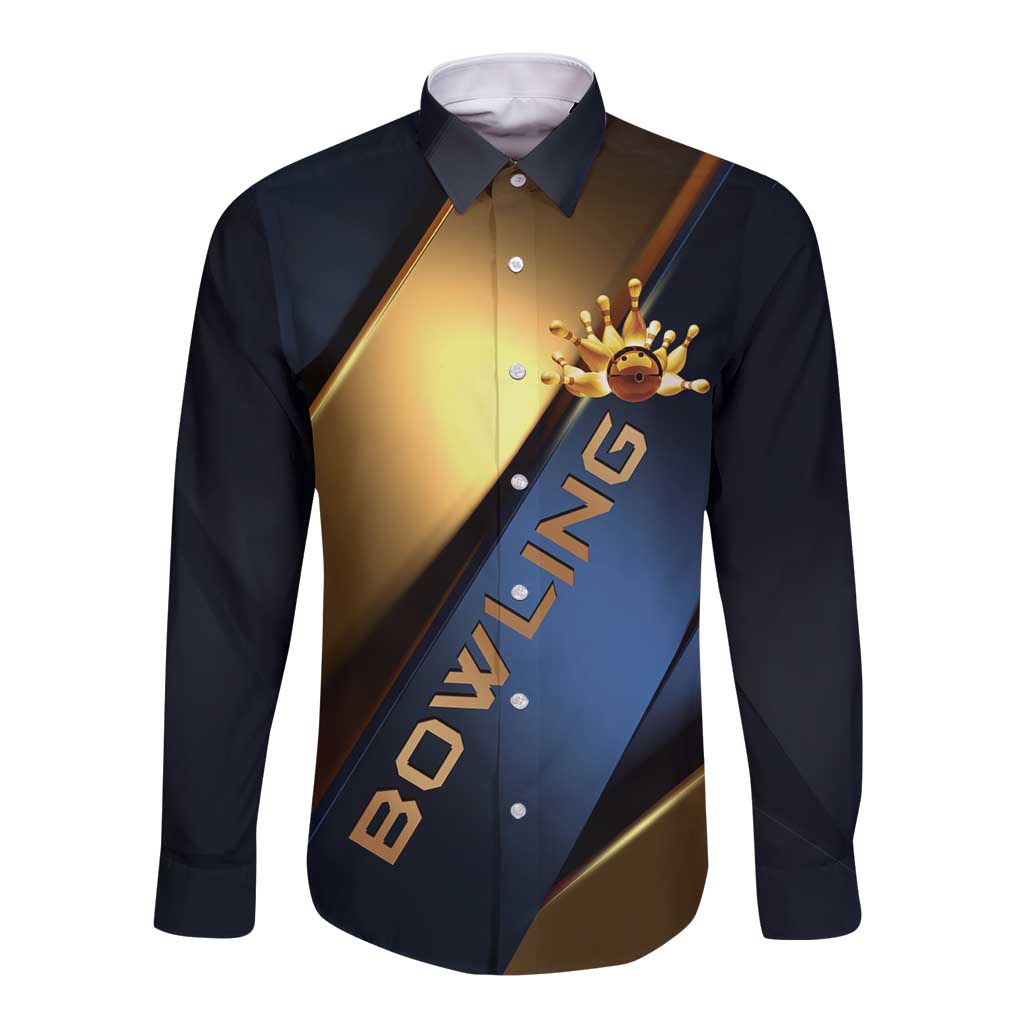 Angry Bowling Ball and Pins Long Sleeve Button Shirt with Blue and Gold Metallic Stripe Graphic Design - Wonder Print Shop