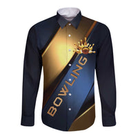Angry Bowling Ball and Pins Long Sleeve Button Shirt with Blue and Gold Metallic Stripe Graphic Design - Wonder Print Shop