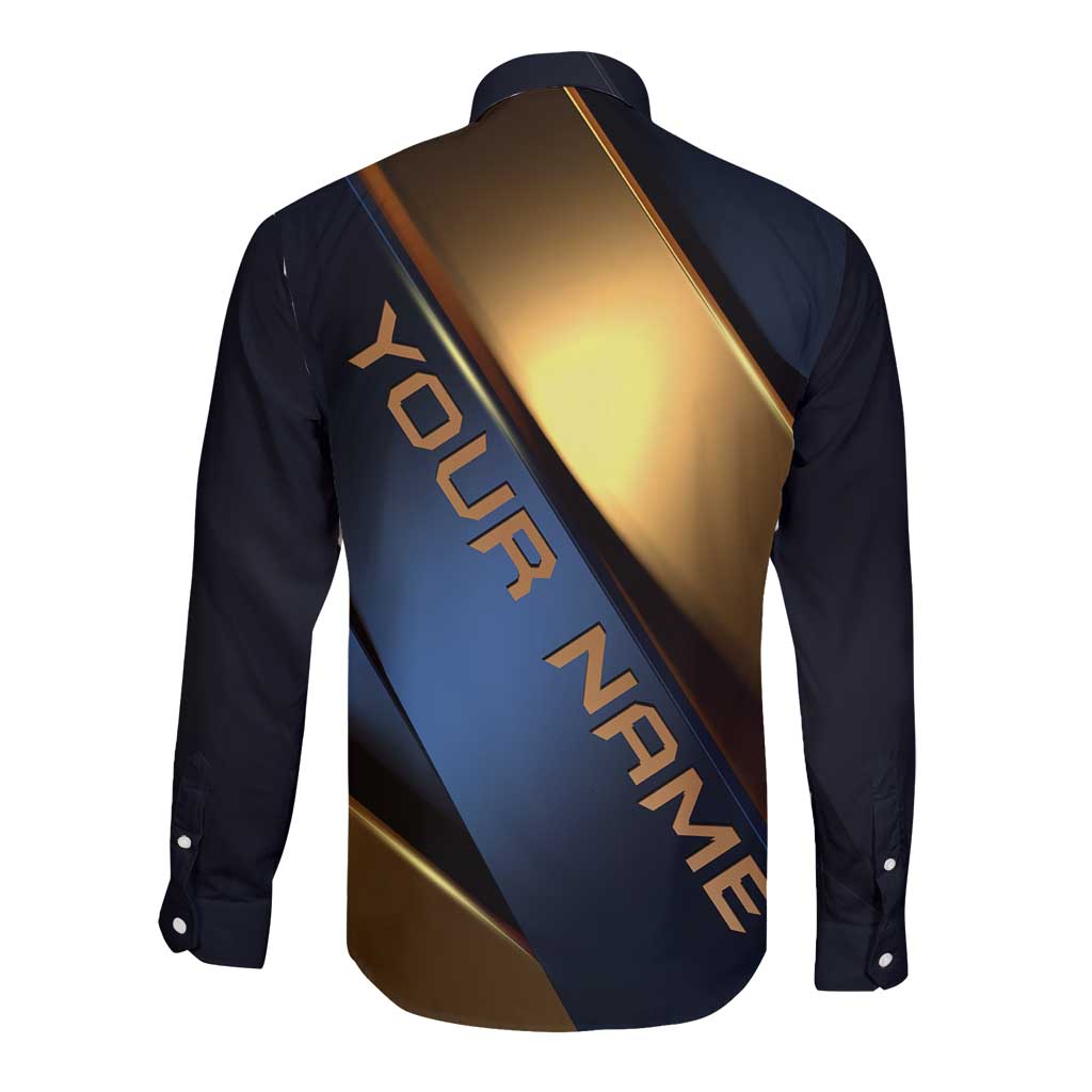 Angry Bowling Ball and Pins Long Sleeve Button Shirt with Blue and Gold Metallic Stripe Graphic Design - Wonder Print Shop