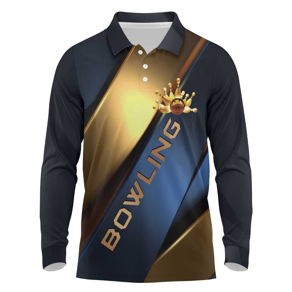 Angry Bowling Ball and Pins Long Sleeve Polo Shirt with Blue and Gold Metallic Stripe Graphic Design - Wonder Print Shop