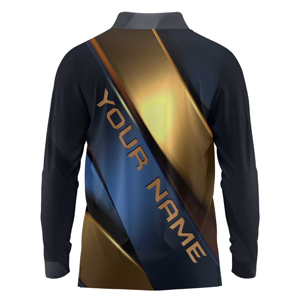 Angry Bowling Ball and Pins Long Sleeve Polo Shirt with Blue and Gold Metallic Stripe Graphic Design - Wonder Print Shop