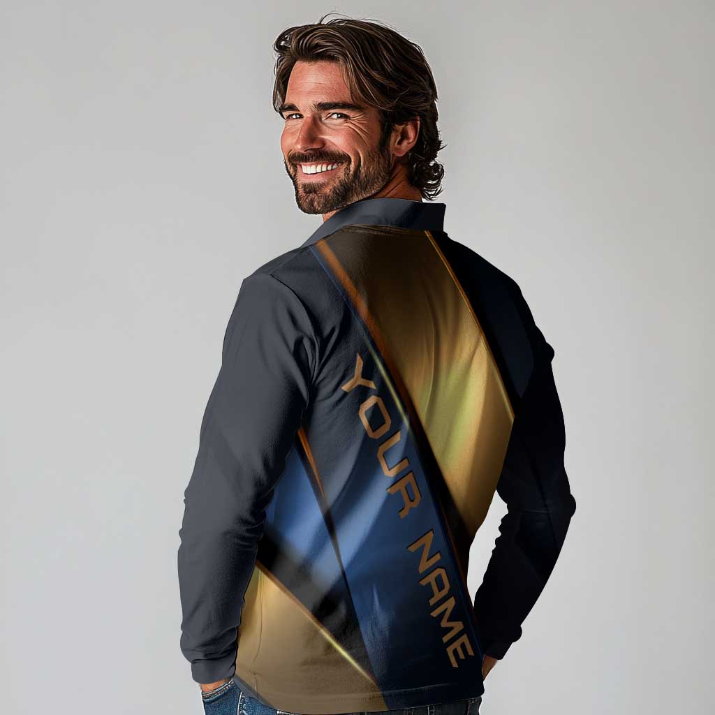 Angry Bowling Ball and Pins Long Sleeve Polo Shirt with Blue and Gold Metallic Stripe Graphic Design - Wonder Print Shop