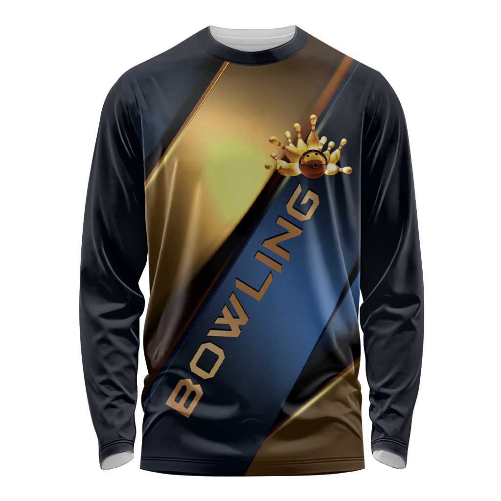 Angry Bowling Ball and Pins Long Sleeve Shirt with Blue and Gold Metallic Stripe Graphic Design - Wonder Print Shop