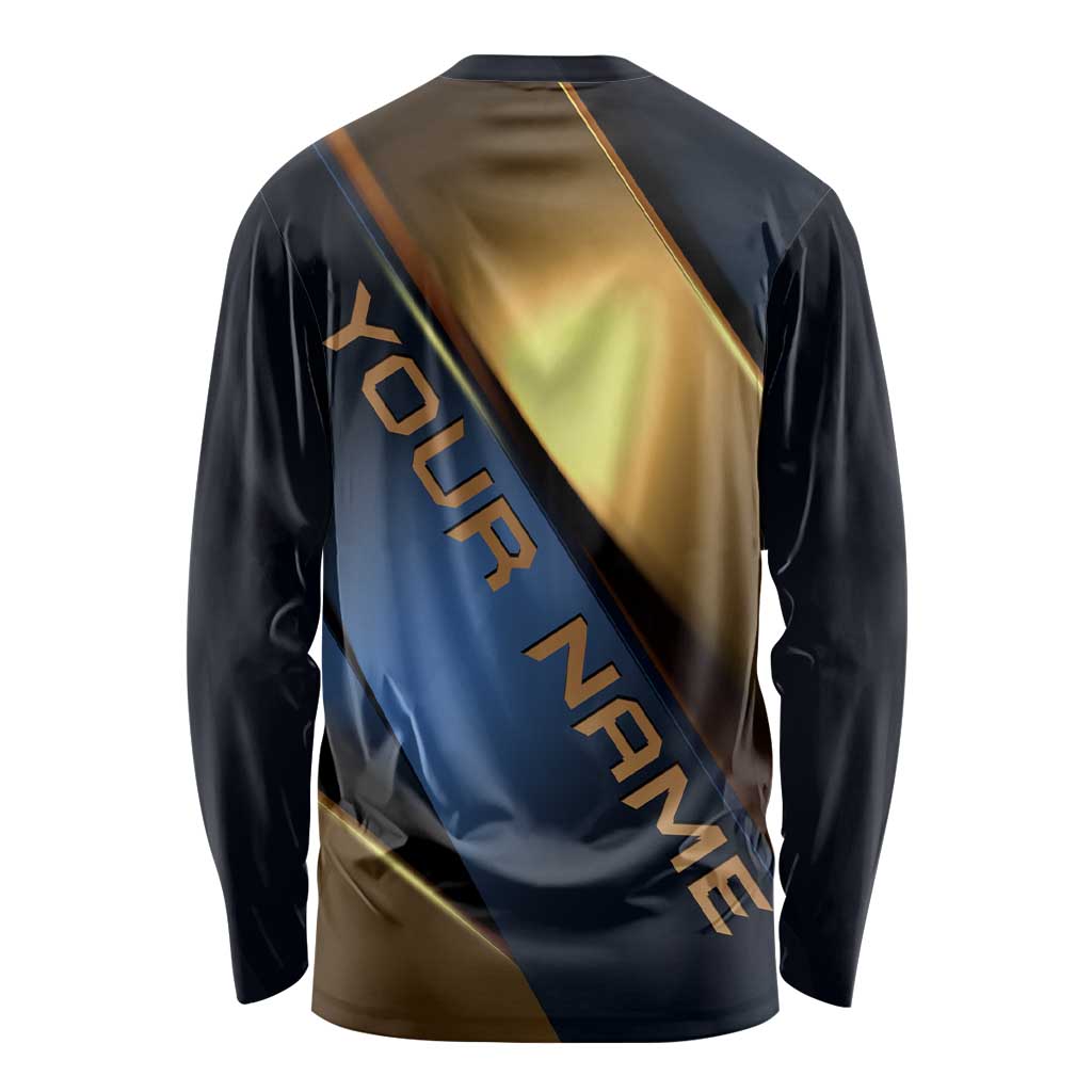 Angry Bowling Ball and Pins Long Sleeve Shirt with Blue and Gold Metallic Stripe Graphic Design - Wonder Print Shop