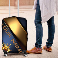 Angry Bowling Ball and Pins Luggage Cover with Blue and Gold Metallic Stripe Graphic Design - Wonder Print Shop