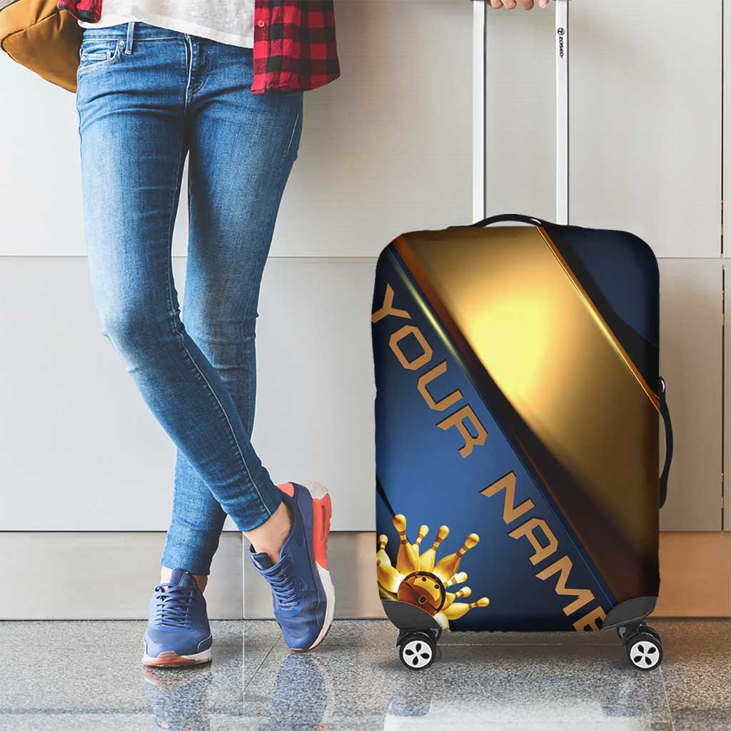 Angry Bowling Ball and Pins Luggage Cover with Blue and Gold Metallic Stripe Graphic Design - Wonder Print Shop