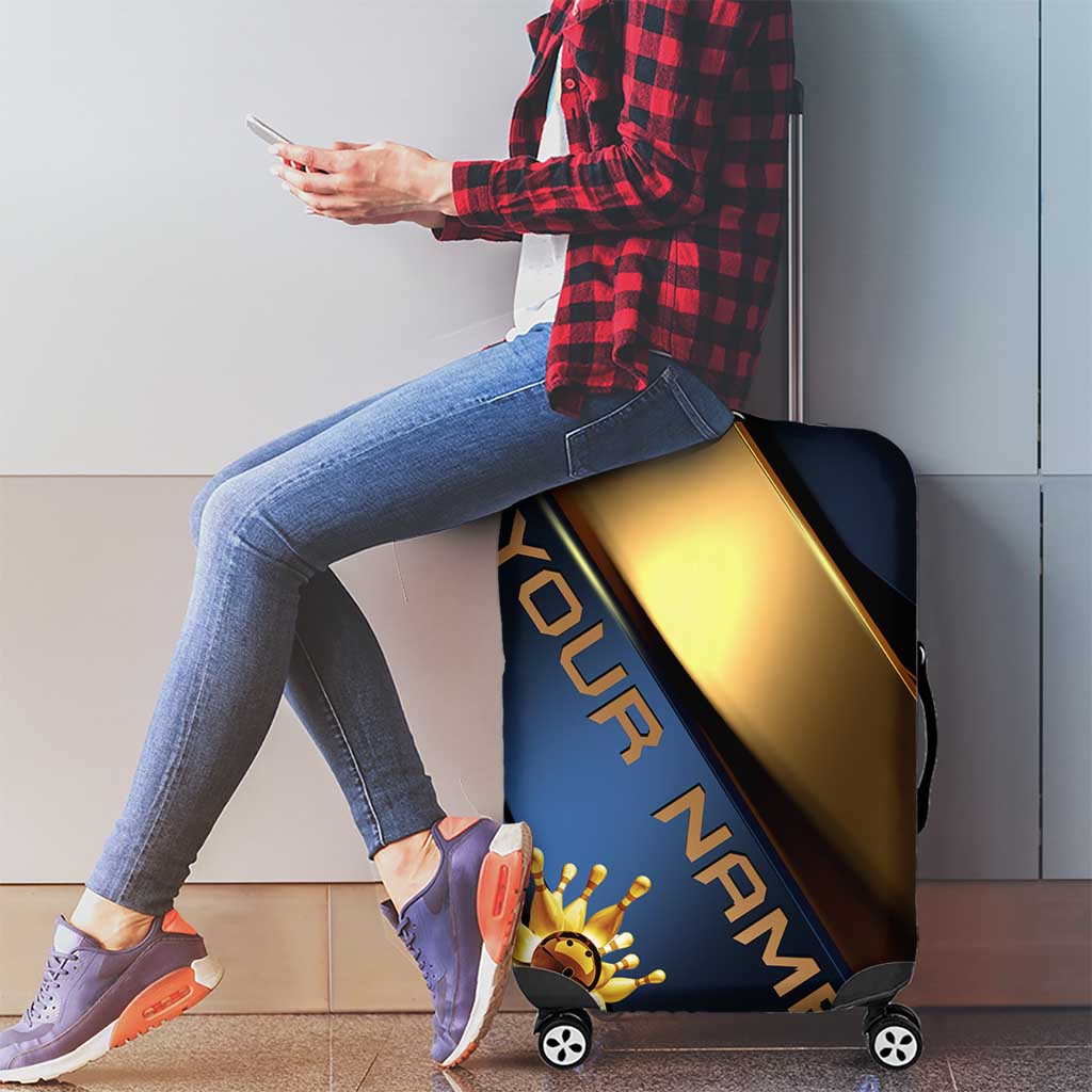 Angry Bowling Ball and Pins Luggage Cover with Blue and Gold Metallic Stripe Graphic Design - Wonder Print Shop