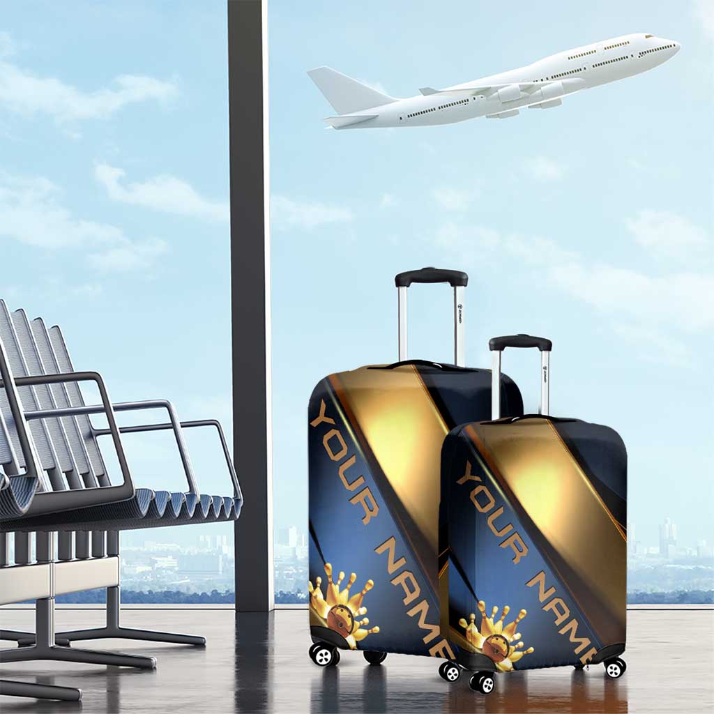 Angry Bowling Ball and Pins Luggage Cover with Blue and Gold Metallic Stripe Graphic Design - Wonder Print Shop