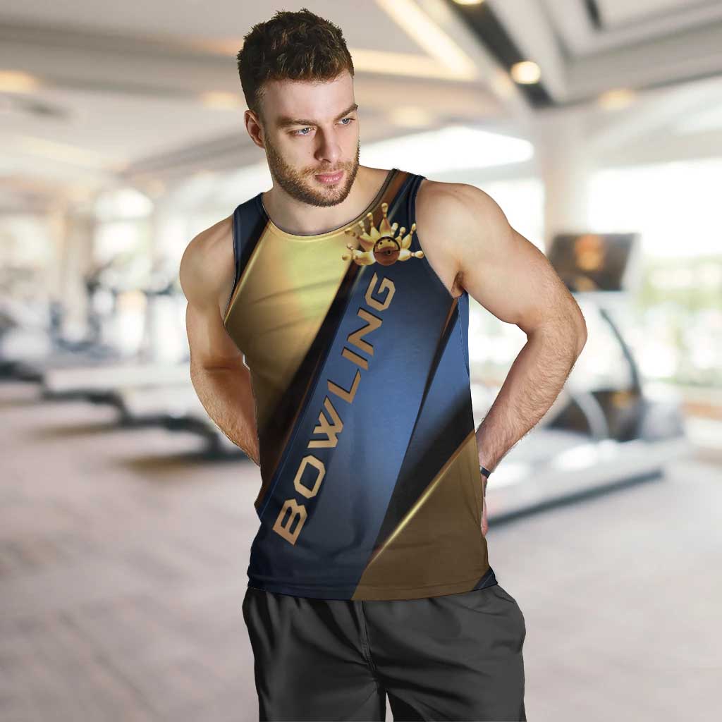 Angry Bowling Ball and Pins Men Tank Top with Blue and Gold Metallic Stripe Graphic Design - Wonder Print Shop