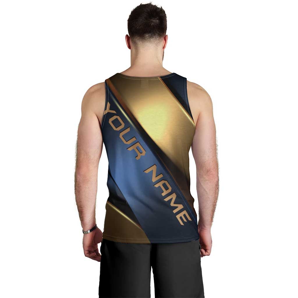 Angry Bowling Ball and Pins Men Tank Top with Blue and Gold Metallic Stripe Graphic Design - Wonder Print Shop