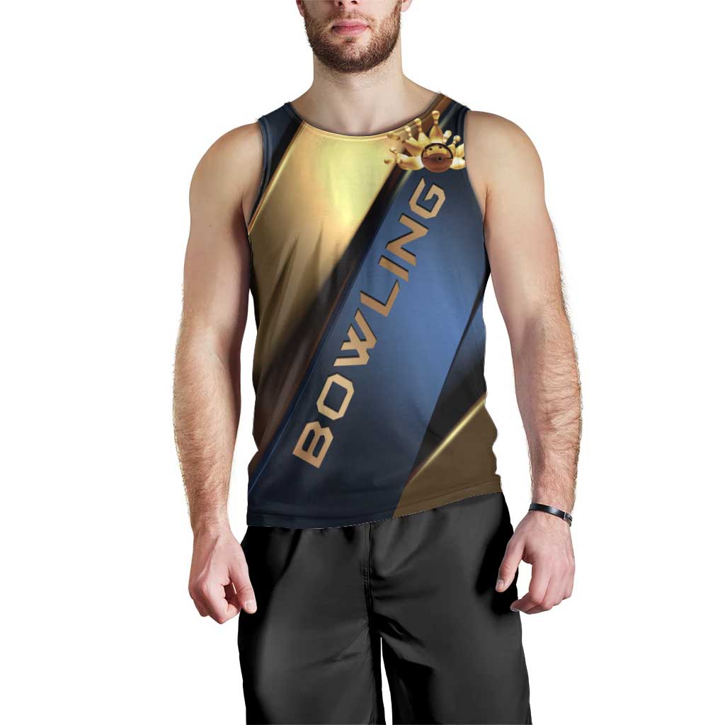 Angry Bowling Ball and Pins Men Tank Top with Blue and Gold Metallic Stripe Graphic Design - Wonder Print Shop