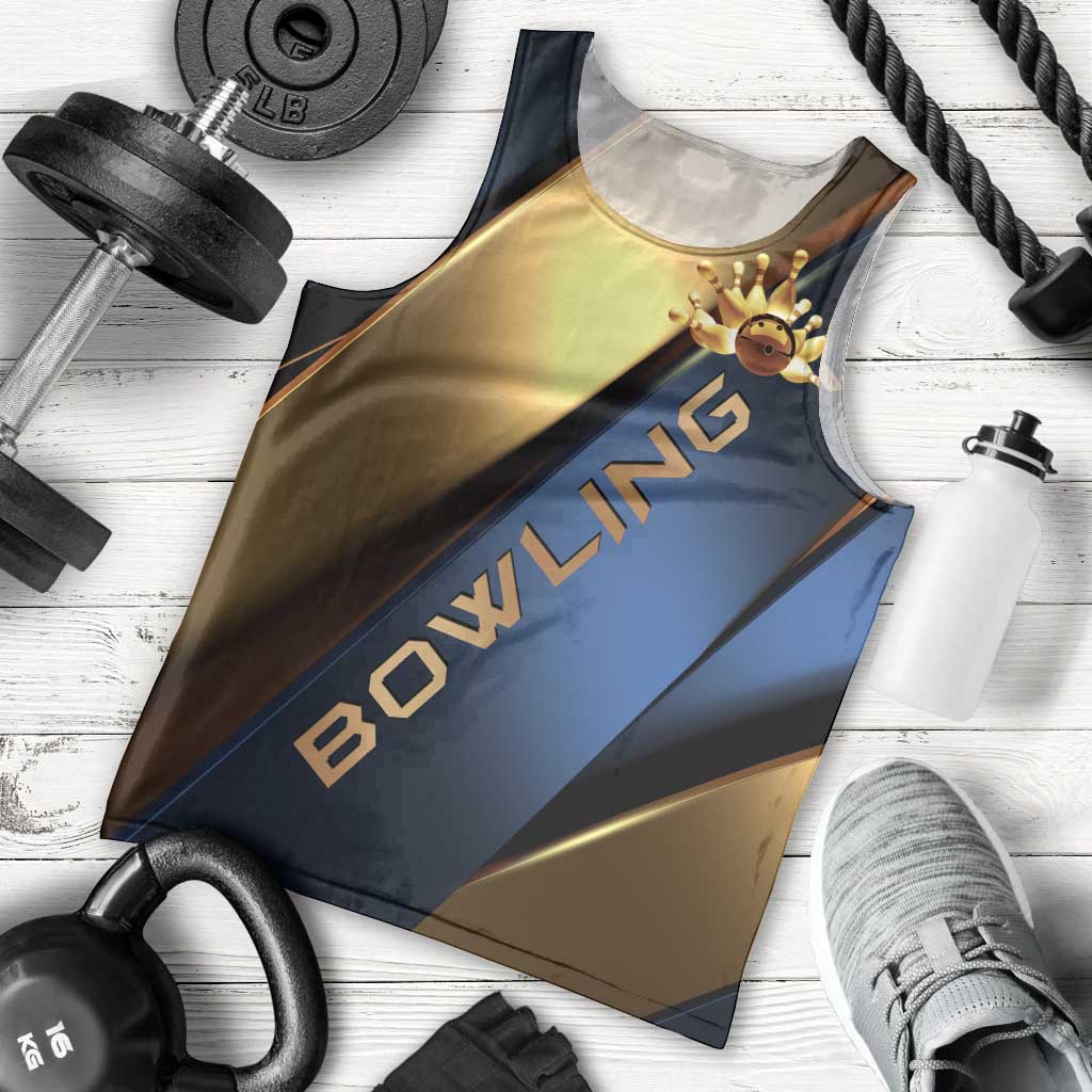 Angry Bowling Ball and Pins Men Tank Top with Blue and Gold Metallic Stripe Graphic Design - Wonder Print Shop