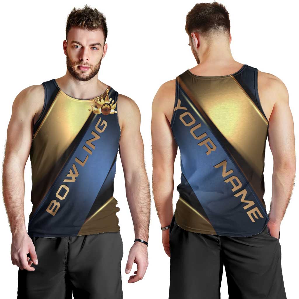 Angry Bowling Ball and Pins Men Tank Top with Blue and Gold Metallic Stripe Graphic Design - Wonder Print Shop