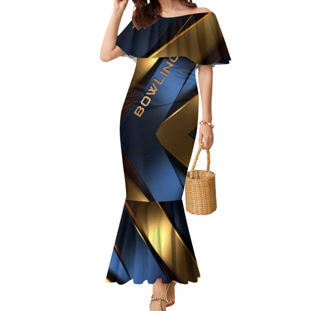 Angry Bowling Ball and Pins Mermaid Dress with Blue and Gold Metallic Stripe Graphic Design - Wonder Print Shop
