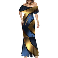 Angry Bowling Ball and Pins Mermaid Dress with Blue and Gold Metallic Stripe Graphic Design - Wonder Print Shop