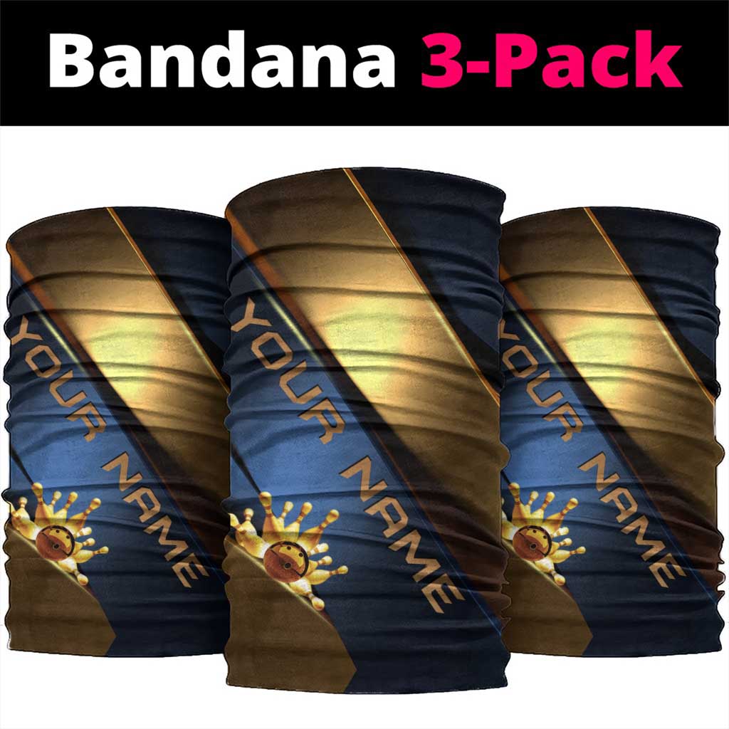 Angry Bowling Ball and Pins Neck Gaiter with Blue and Gold Metallic Stripe Graphic Design TS04