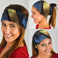 Angry Bowling Ball and Pins Neck Gaiter with Blue and Gold Metallic Stripe Graphic Design TS04