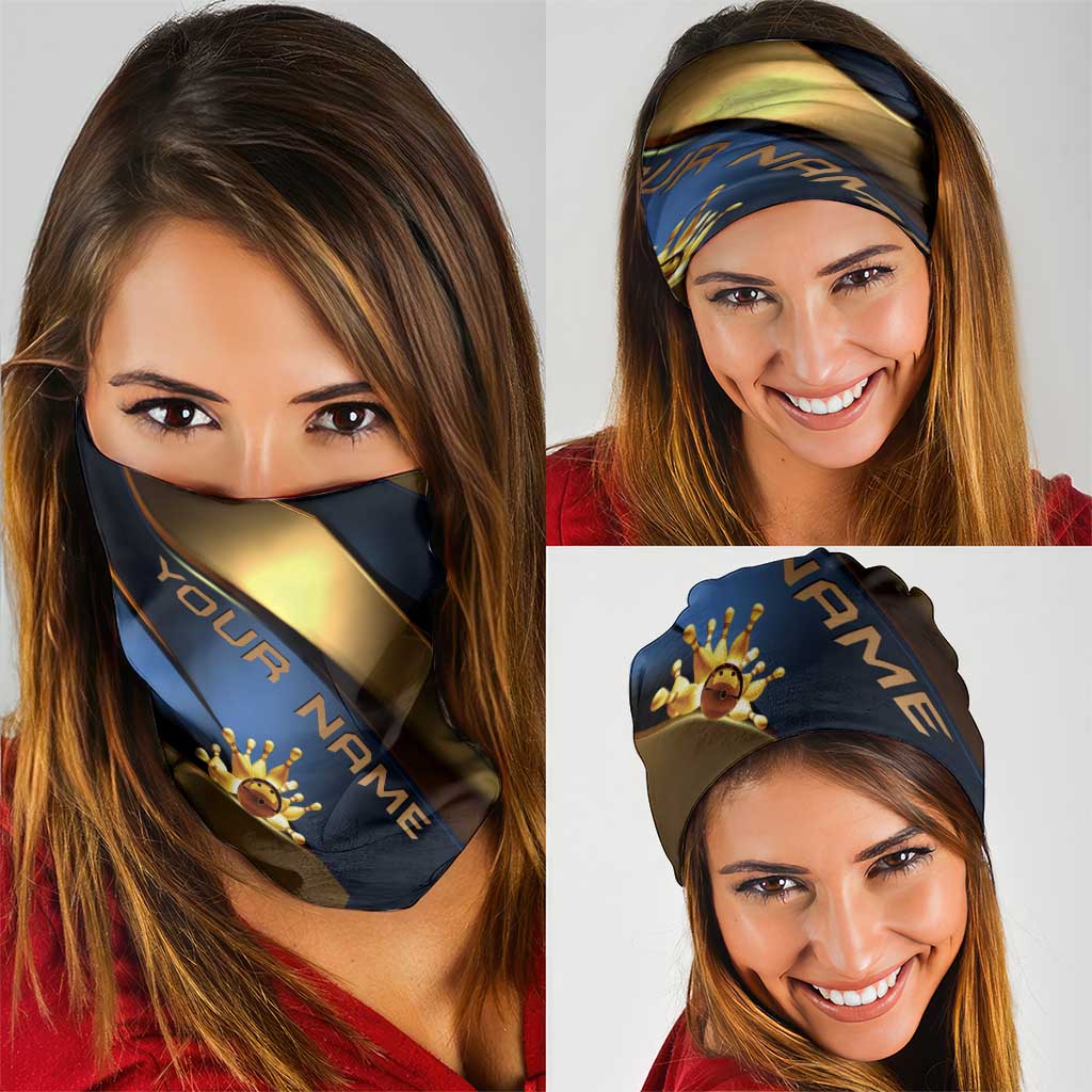 Angry Bowling Ball and Pins Neck Gaiter with Blue and Gold Metallic Stripe Graphic Design TS04