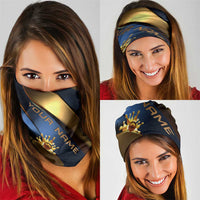 Angry Bowling Ball and Pins Neck Gaiter with Blue and Gold Metallic Stripe Graphic Design TS04