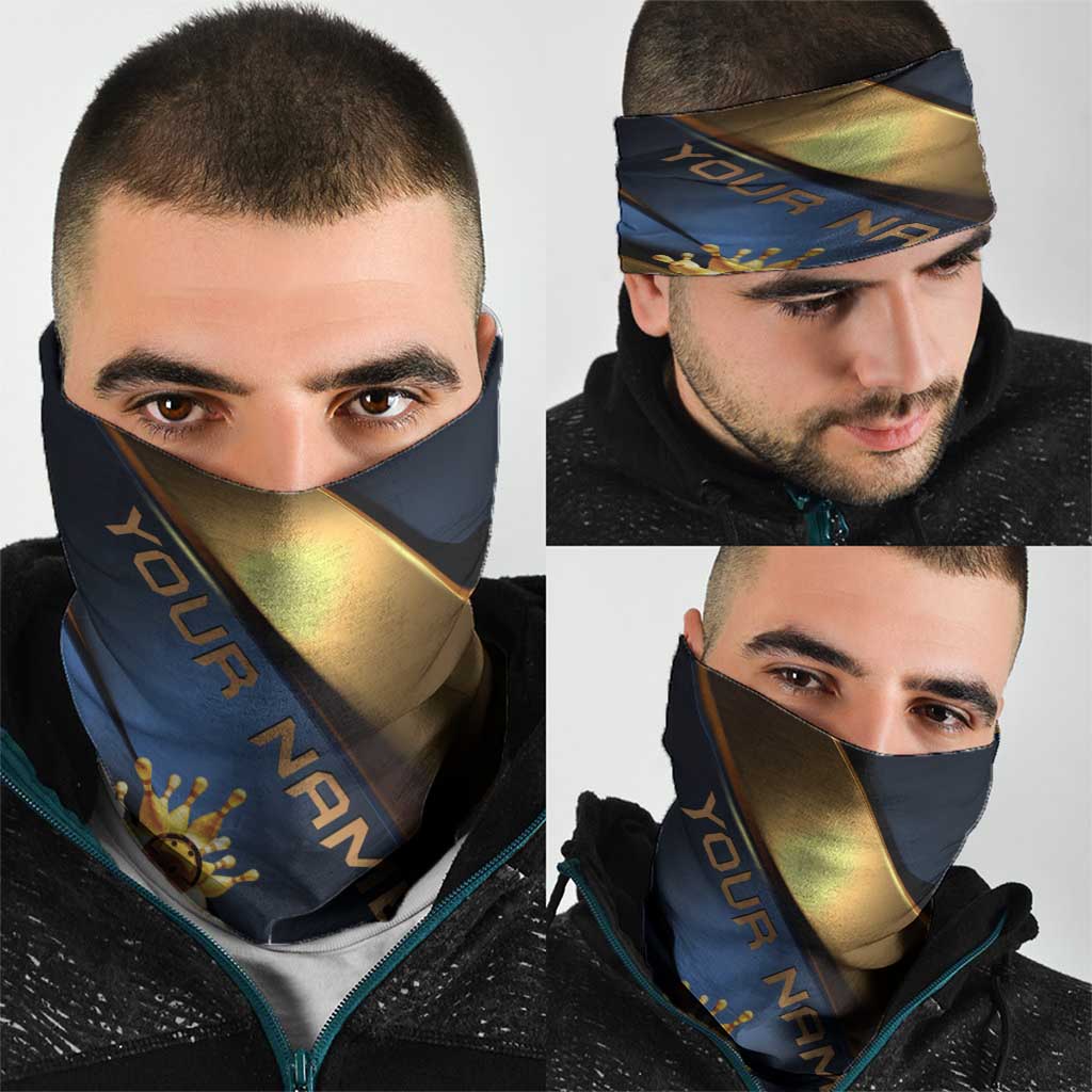 Angry Bowling Ball and Pins Neck Gaiter with Blue and Gold Metallic Stripe Graphic Design TS04
