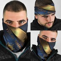 Angry Bowling Ball and Pins Neck Gaiter with Blue and Gold Metallic Stripe Graphic Design TS04