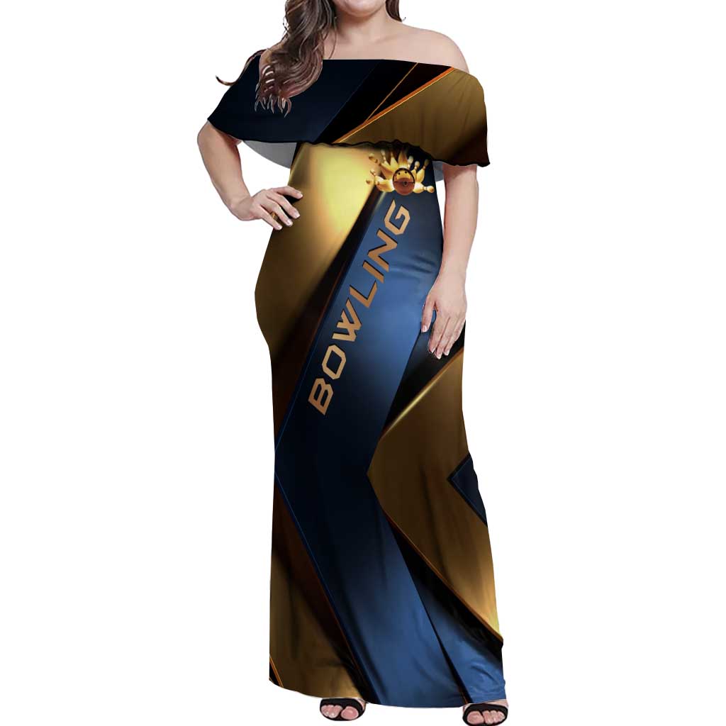 Angry Bowling Ball and Pins Off Shoulder Maxi Dress with Blue and Gold Metallic Stripe Graphic Design - Wonder Print Shop