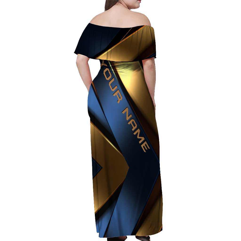 Angry Bowling Ball and Pins Off Shoulder Maxi Dress with Blue and Gold Metallic Stripe Graphic Design - Wonder Print Shop