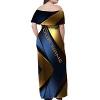 Angry Bowling Ball and Pins Off Shoulder Maxi Dress with Blue and Gold Metallic Stripe Graphic Design - Wonder Print Shop